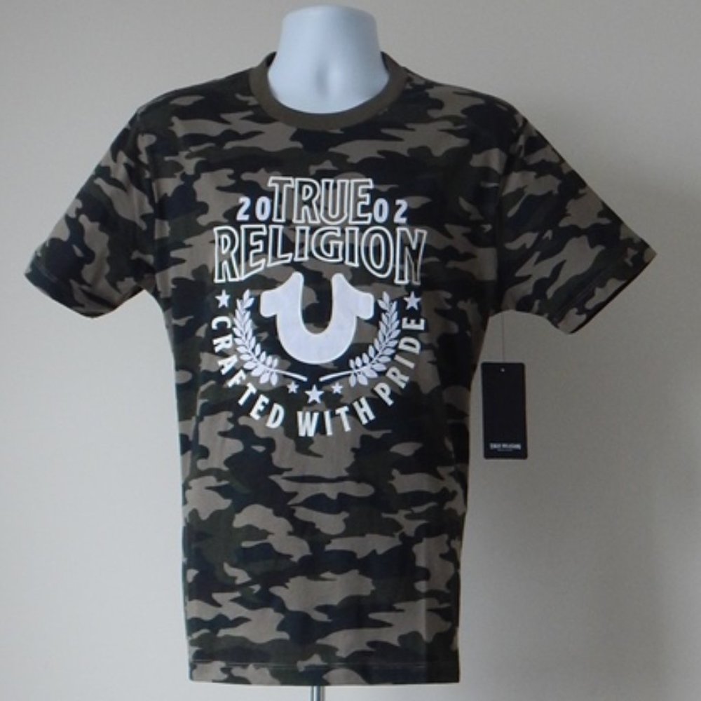 NWT MEN TRUE RELIGION Crafted With Pride Horseshoe GRAPHIC CAMO Green T Shirt LG